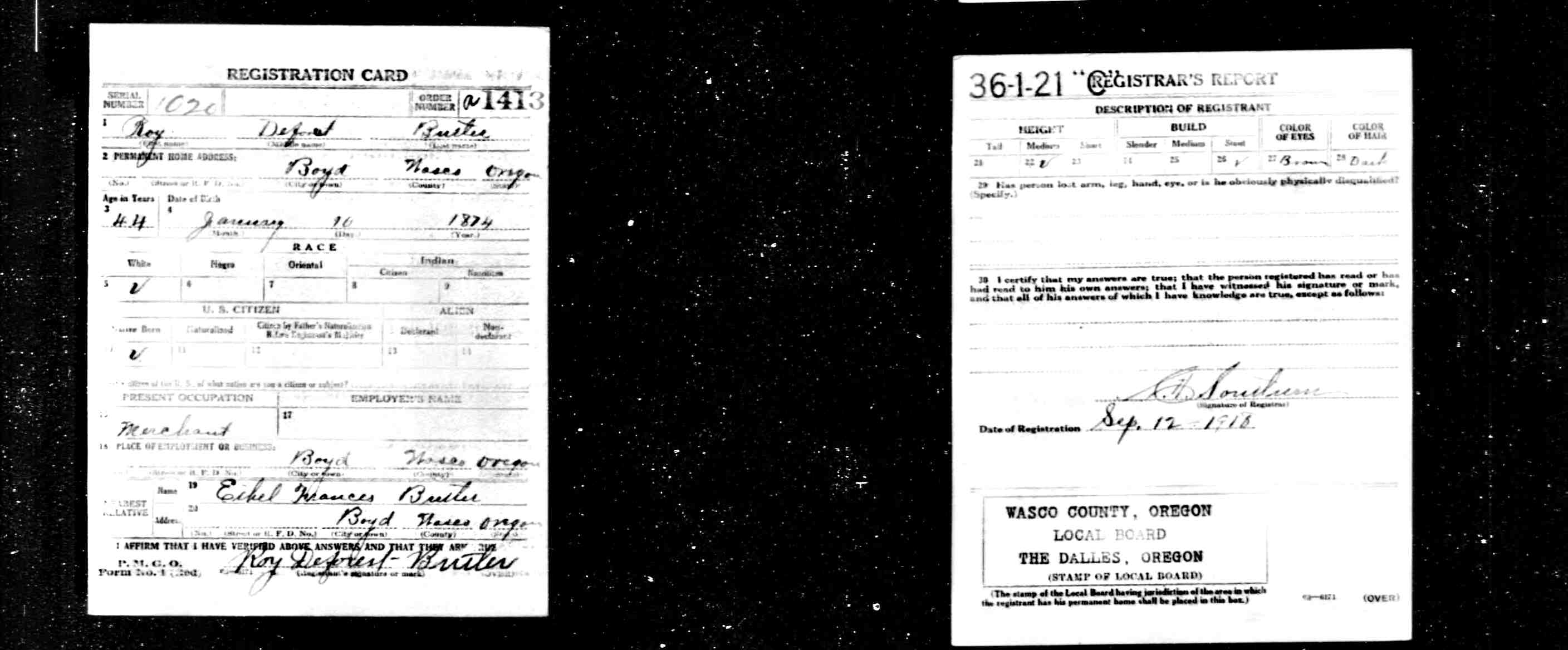 draft card (9636 KB) 1918 Roy Deforest Butler — WWI draft registration card (Click on Picture to View Full Size) picture