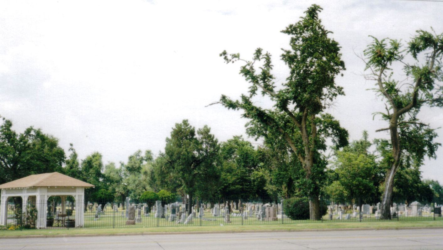 Enid Cemetery in Enid, Oklahoma (2 of 2) (3301 KB) 13 July 2002 Photo from FindAGrave; Added by: Law-Miller Roots, 4/23/2009 'View of Enid Cemetery (as seen from West Willow Road). Photograph taken 13 Jul 2002.' (Click on Picture to View Full Size) picture