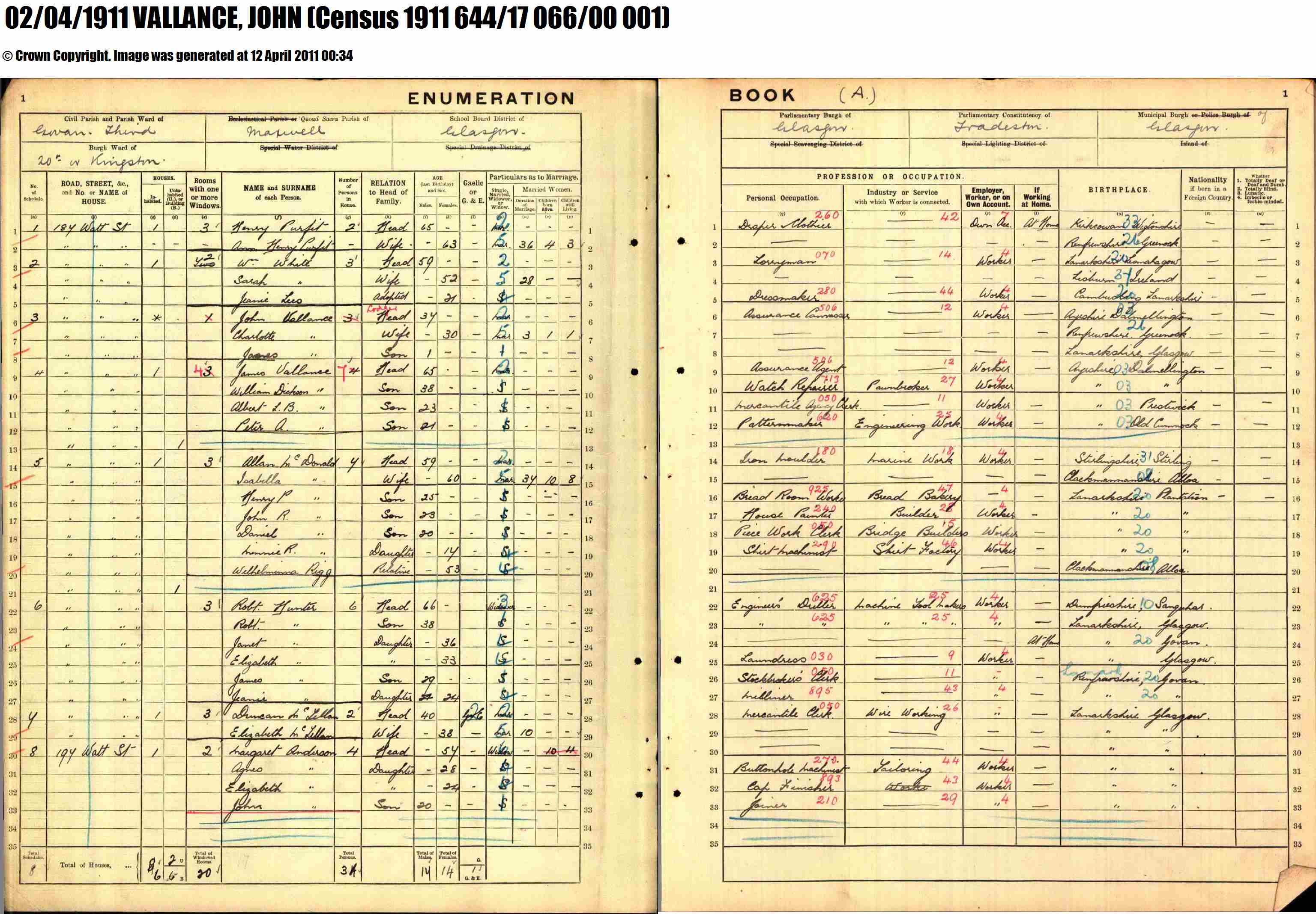 Census 1911 - William Dickson Vallance (19206 KB) (Click on Picture to View Full Size) picture