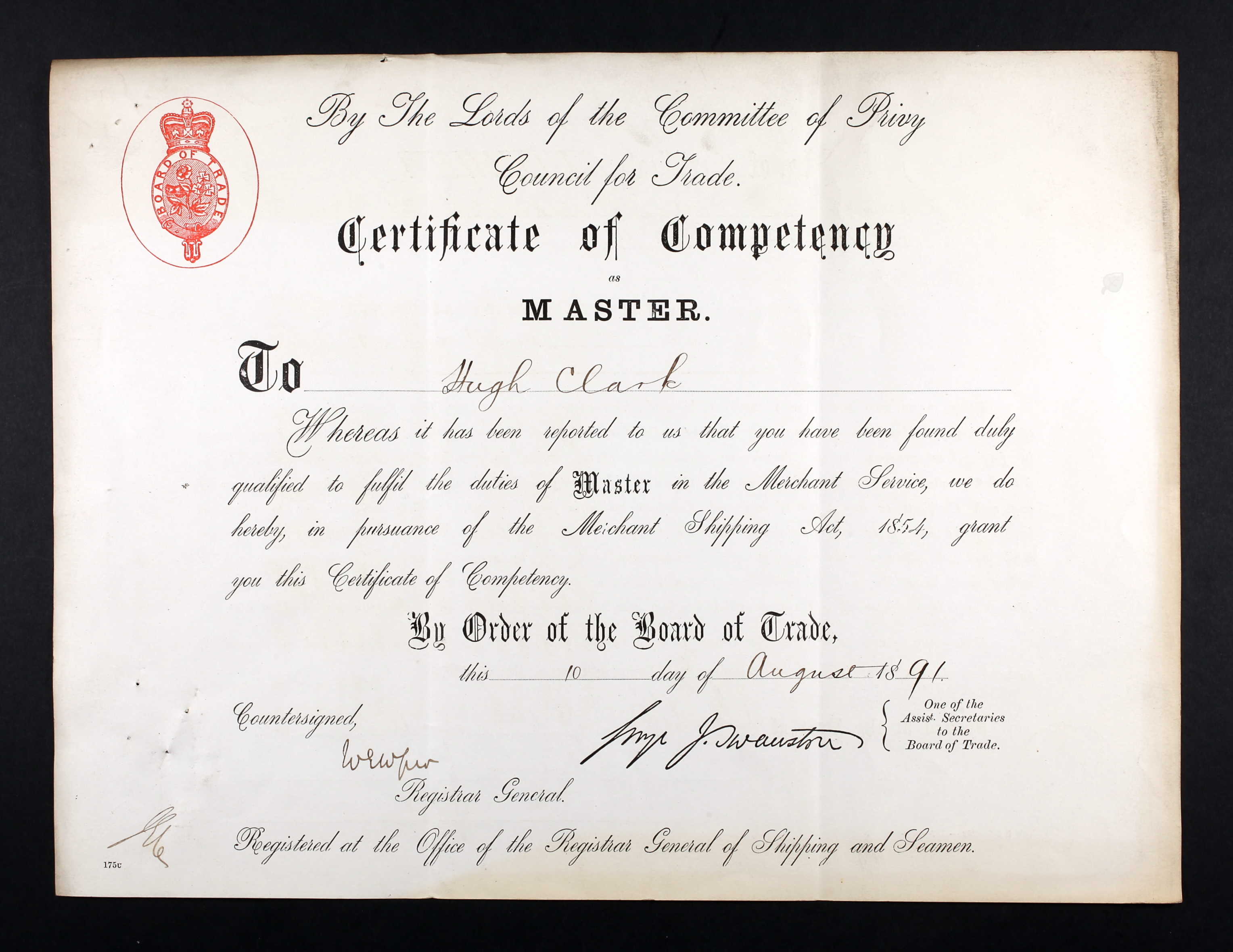 Certificate of Competency as Master for Hugh Clark (21129 KB) 10 August 1891 (Click on Picture to View Full Size) picture