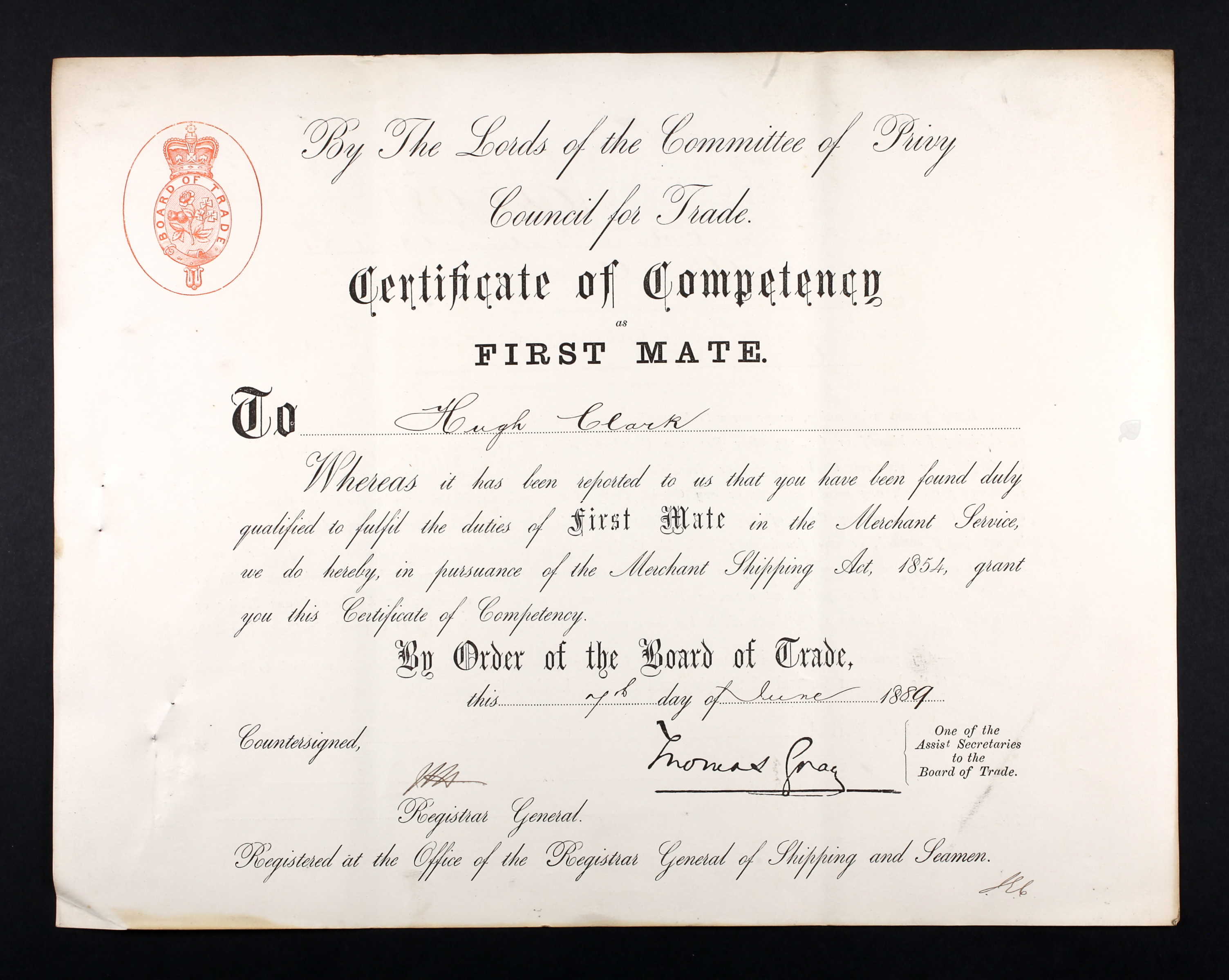 Certificate of Competency as First Mate for Hugh Clark (21155 KB) 7 June 1889 (Click on Picture to View Full Size) picture