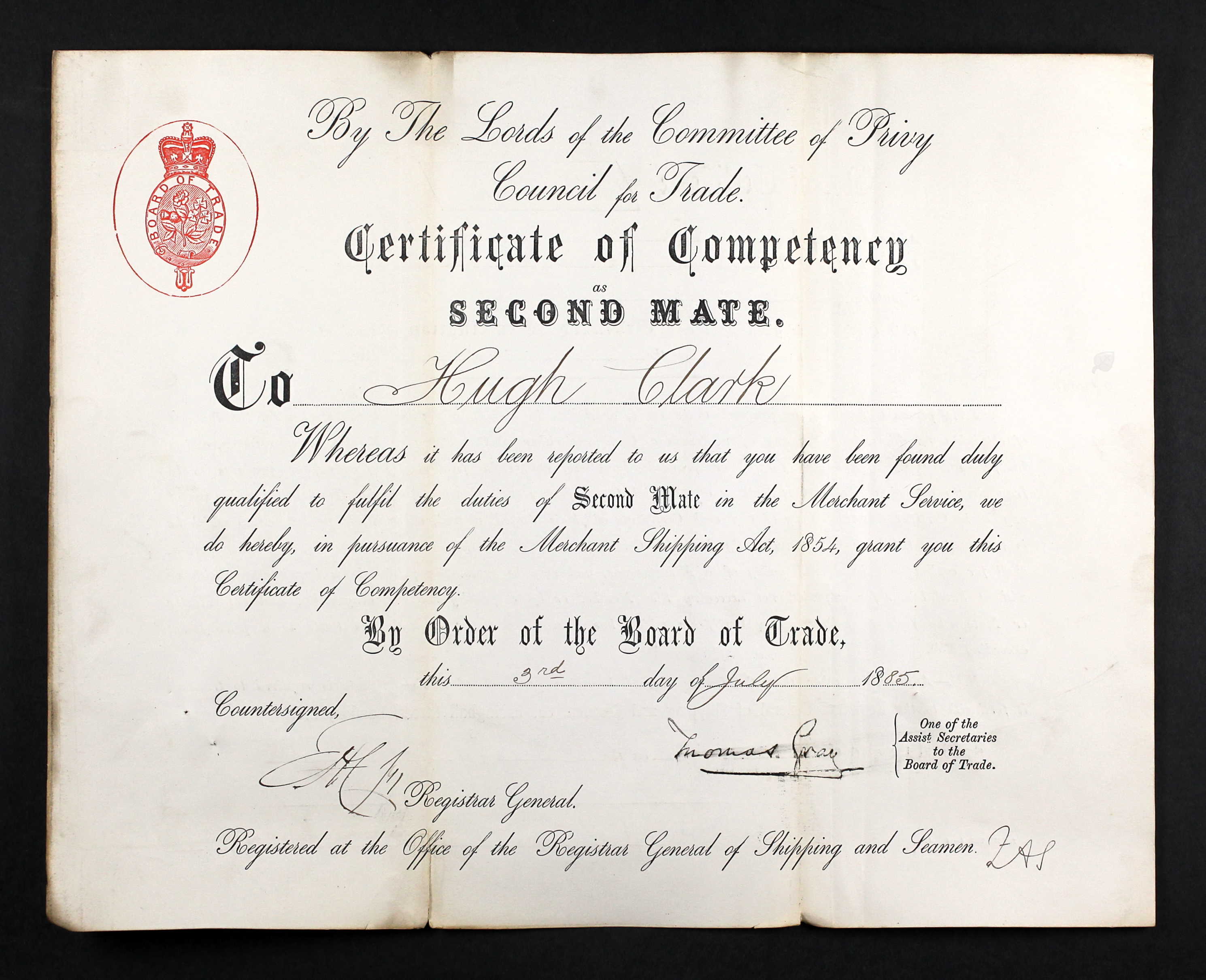 Certificate of Competency as Second Mate for Hugh Clark (21150 KB) 3 July 1885 (Click on Picture to View Full Size) picture