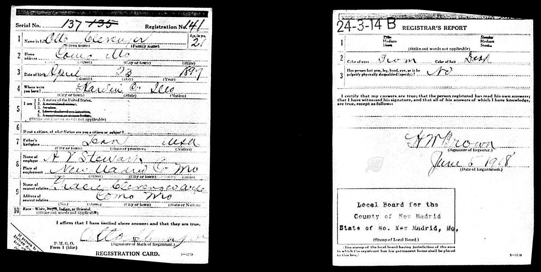 Otto Clevenger, b. 23 April 1897 — WWI draft card (1452 KB) 5 June 1918 (Click on Picture to View Full Size) picture