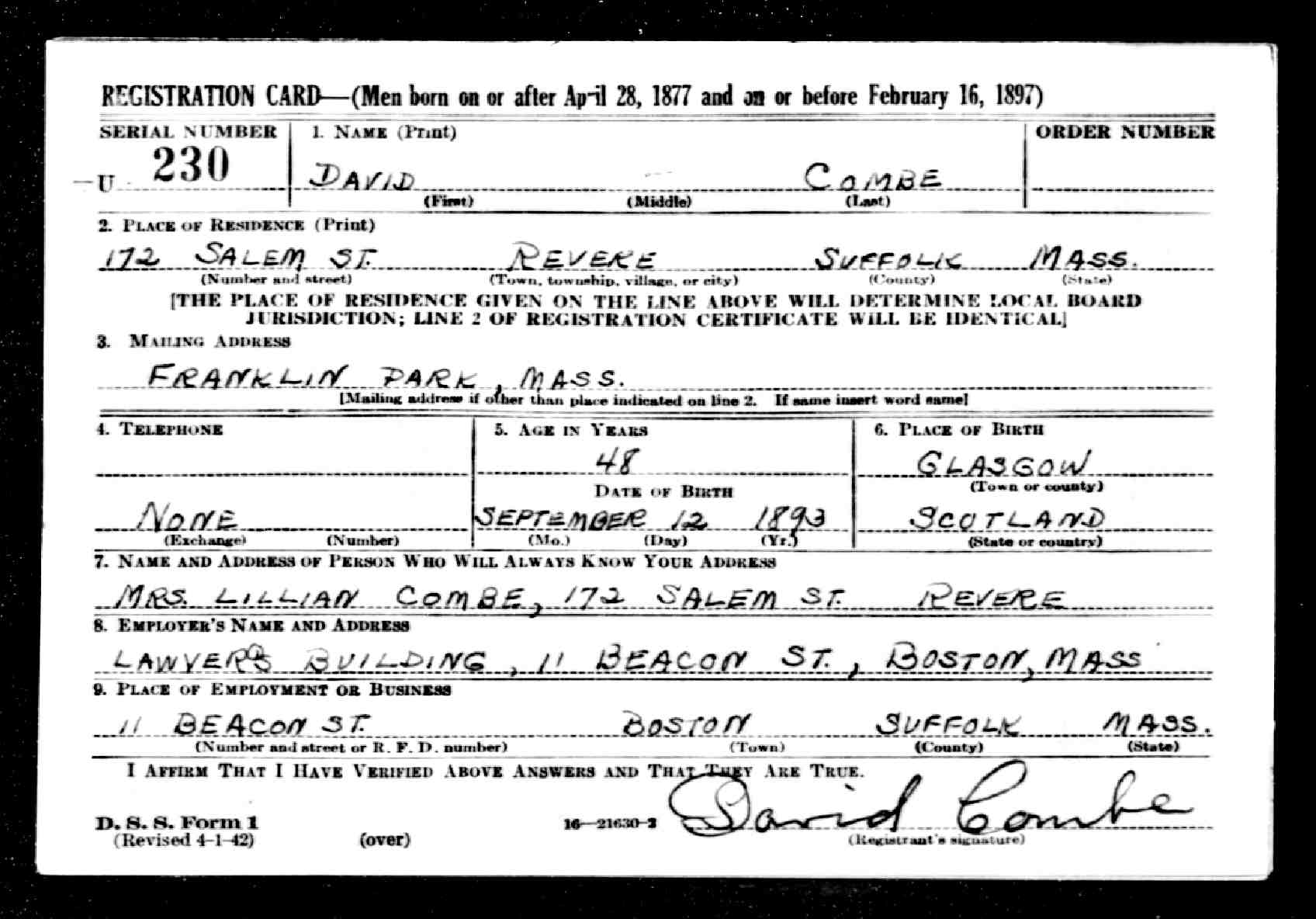David Combe WW2 draft registration card (front) (5883 KB) 27 April 1942 David Combe, b. 12 Sept 1893 — WW2 draft registration card (front) (Click on Picture to View Full Size) picture