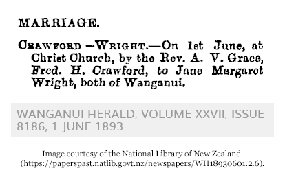 Wedding announcement (333 KB) 1893 Crawford-Wright wedding announcement from page 2 of The Wanganui Herald on Thursday, 01 June 1893 (Click on Picture to View Full Size) picture
