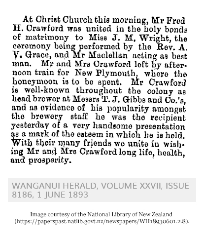 Crawford-Wright wedding at Christ Church (589 KB) 1893 Crawford-Wright wedding blurb from page 2 of The Wanganui Herald on Thursday, 01 June 1893 (Click on Picture to View Full Size) picture