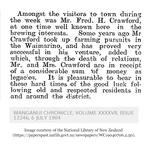 News of Mr. and Mrs. Fred H. Crawford (785 KB) from page 7 of the Wanganui Chronicle on Wednesday, 6 July 1904 (Click on Picture to View Full Size) picture