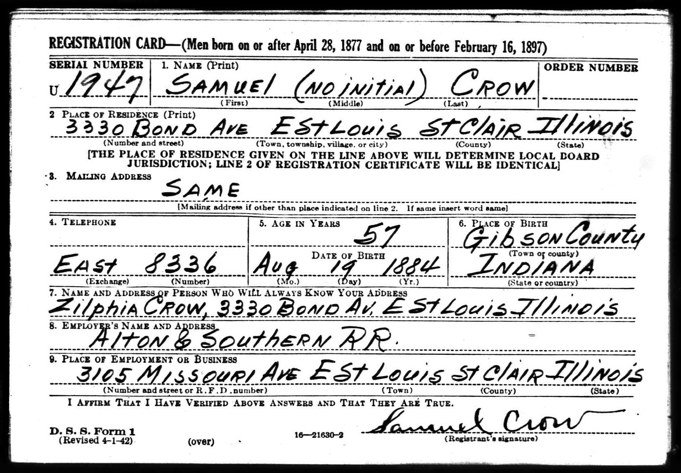 Samuel Crow WW2 draft registration card (front) (11061 KB) 27 April 1942 Samuel Crow, b. 19 Aug 1884 — WW2 draft registration card (front) (Click on Picture to View Full Size) picture