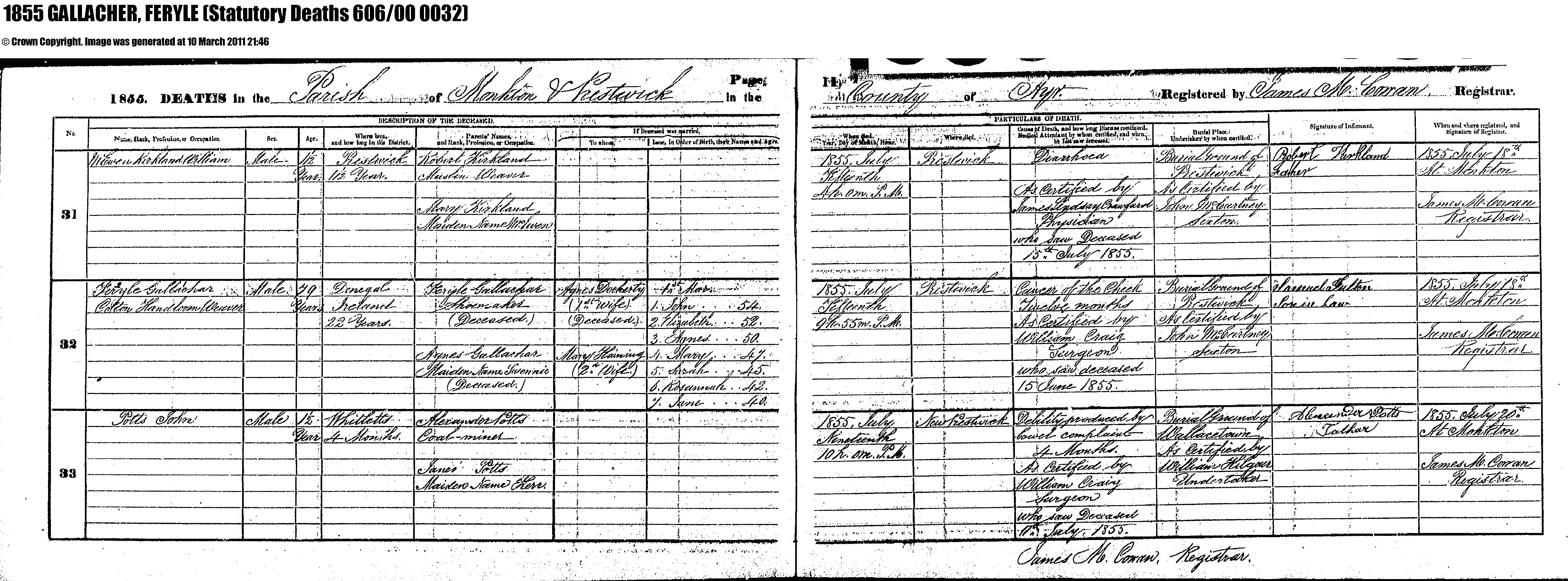 Feryle Gallachar death certificate in Prestwick (26019 KB) 15 July 1855 1855 DEATHS in the Parish of Monkton & Prestwick in the County of Ayr, Scotland (Statutory Deaths 606/00 0032). (Click on Picture to View Full Size) picture