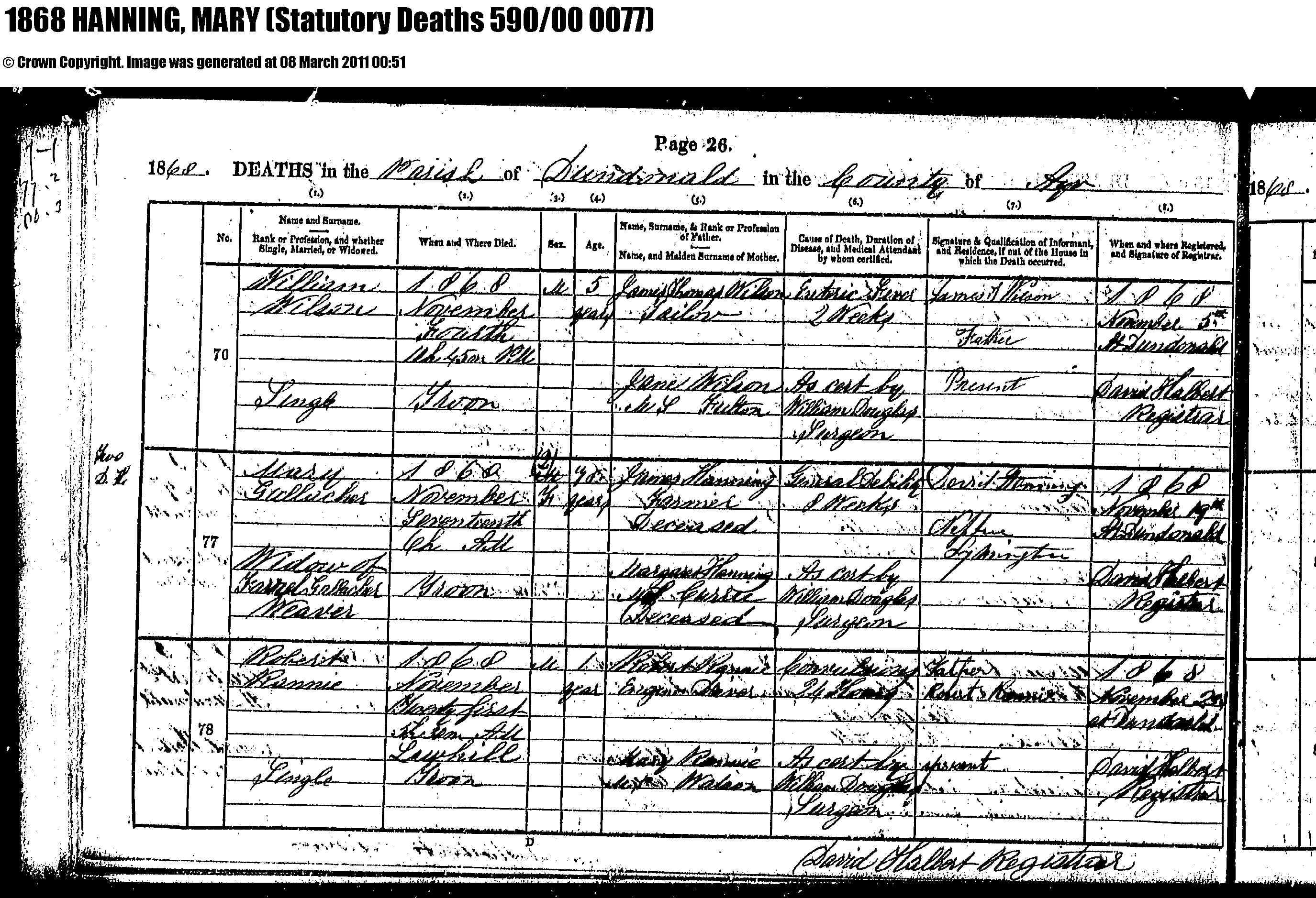 death certificate (15141 KB) 1868 Mary Haining Gallacher death certificate (Click on Picture to View Full Size) picture