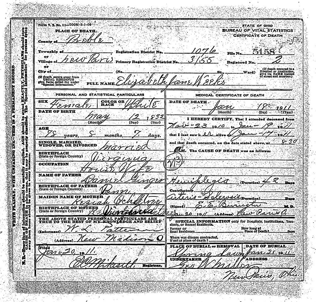 Elizabeth Jane Weeks death certificate (3112 KB) 19 January 1911 (Click on Picture to View Full Size) picture