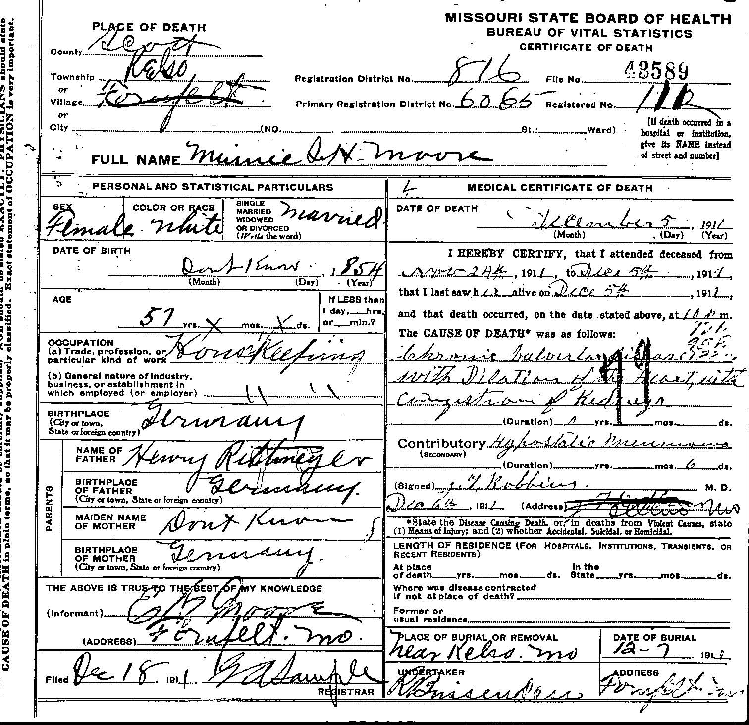 Minnie Moore death certificate (2161 KB) 1911 (Click on Picture to View Full Size) picture
