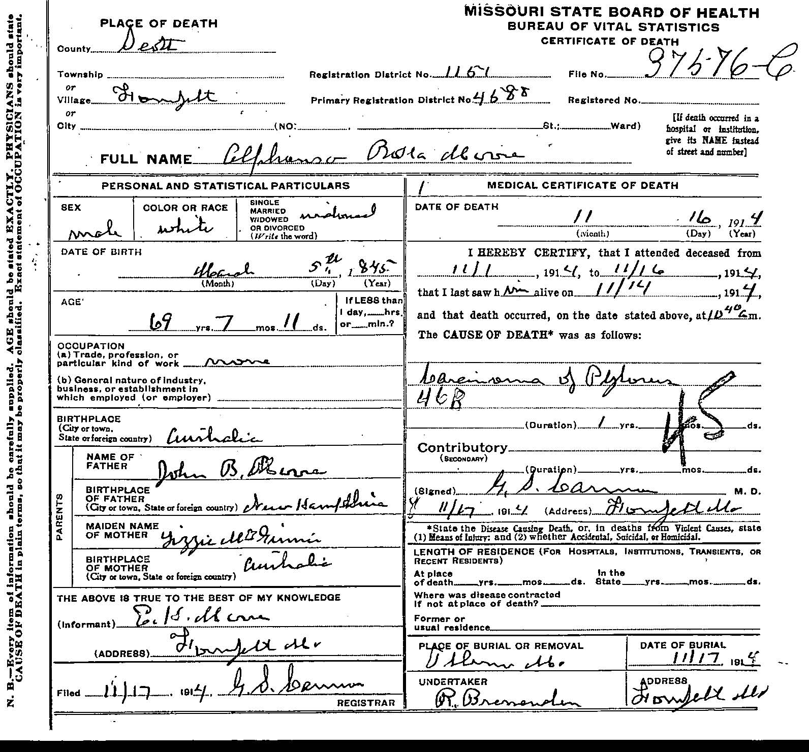 Alphonso Rolla Moore death certificate (2302 KB) 1914 (Click on Picture to View Full Size) picture