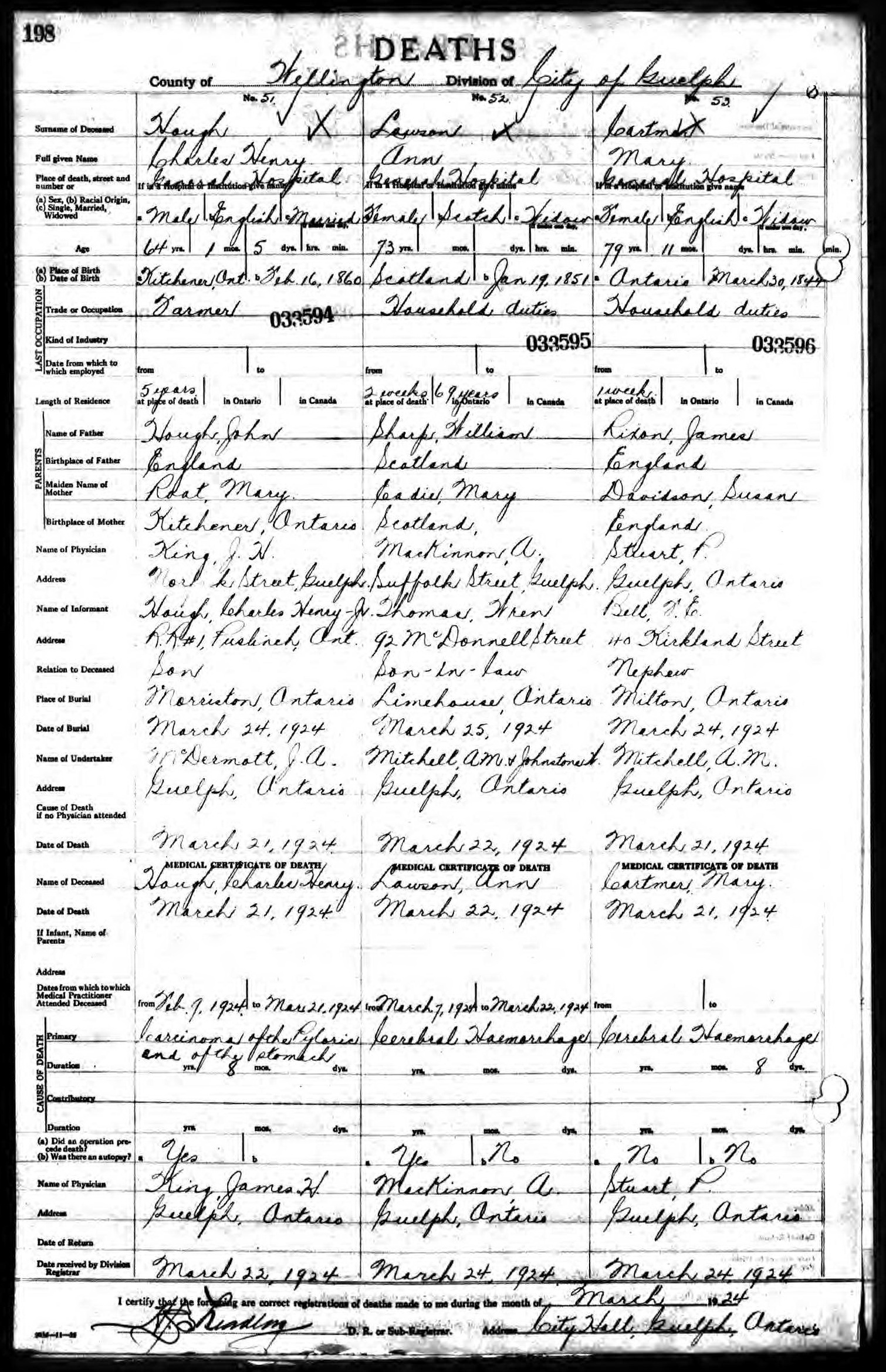 Charles Henry Haugh death record in Guelph (reel 317) (3453 KB) 21 March 1924 DEATHS. County of Wellington, City of Guelph. (Ancestry.com, Ontario, Canada, Deaths, 1869 –1938, 1943, and Deaths Overseas, 1939 –1947 : 13 Septermber 2016. Original Data: Archives of Ontario, Series MS935, Reel 317.) (Click on Picture to View Full Size) picture