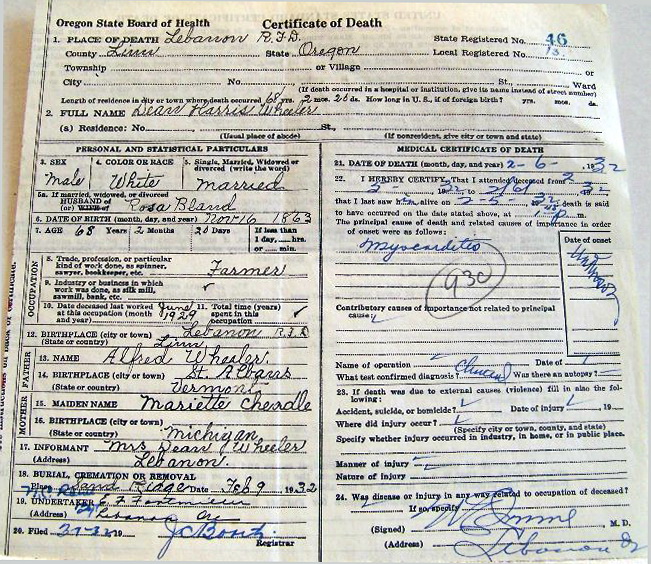 Dean Harris Wheeler death certificate (1080 KB) 1932 Photo of original document courtesy of Diana Greb; perspective correction and minor software editing by KMH. (Click on Picture to View Full Size) picture