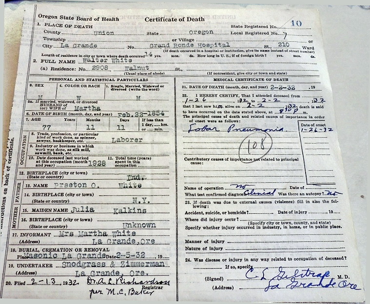 Walter White death certificate (1393 KB) 2 February 1932 Photo of original document courtesy of Diana Greb (who took the photo on 10 Nov 2015 at the Oregon State Archives); perspective correction and minor software editing by KMH. (Click on Picture to View Full Size) picture