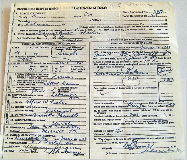 George Buck Wheeler death certificate (1069 KB) Photo of original document courtesy of Diana Greb (who photographed the certificate on 02 Jan 2010 at the Oregon State Archives); perspective correction and minor software editing by KMH. (Click on Picture to View Full Size) picture
