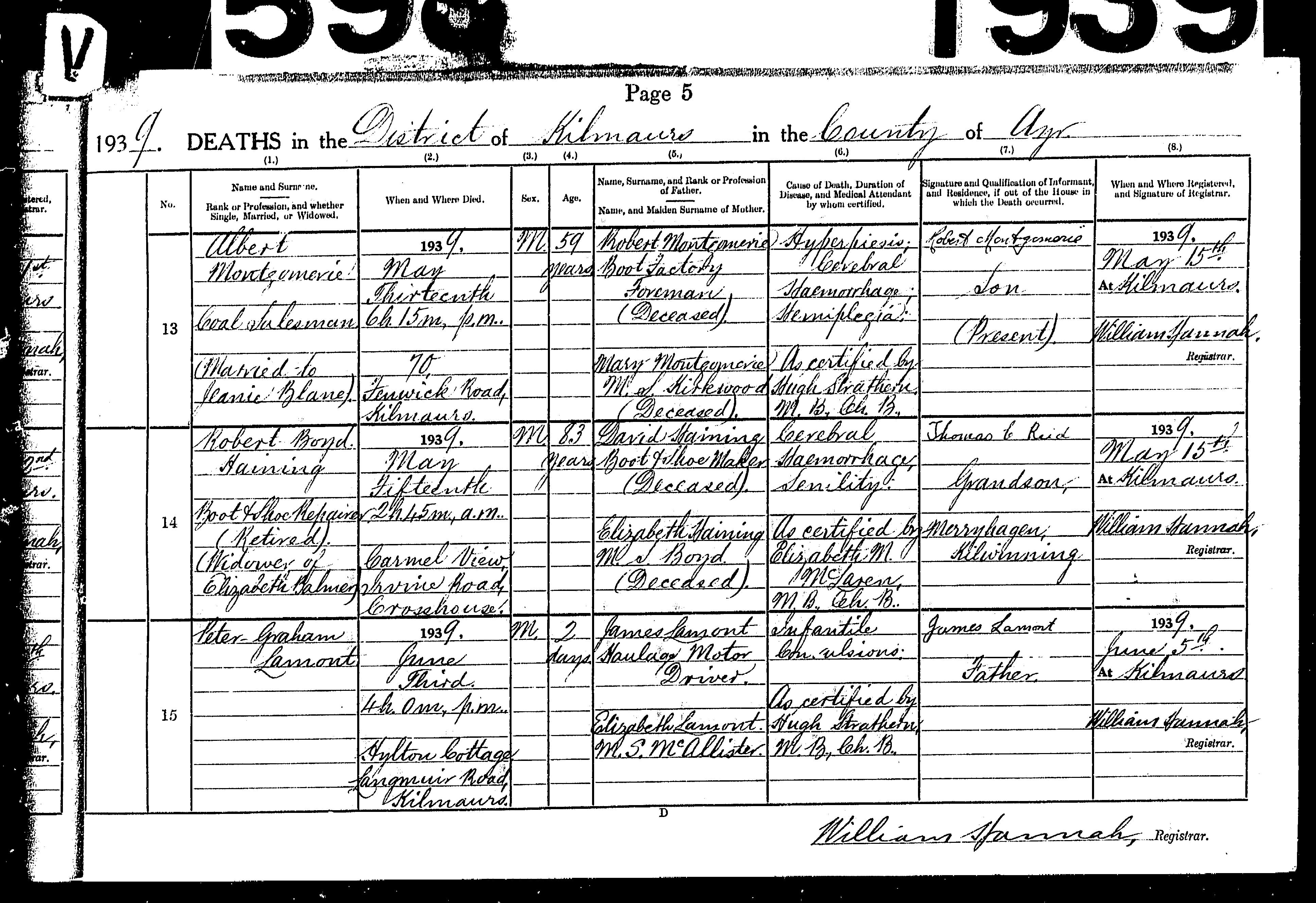death certificate (30129 KB) 1939 Robert Boyd Haining death record in Crosshouse (Click on Picture to View Full Size) picture