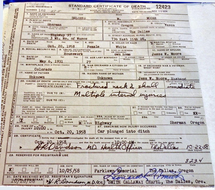 Delores M. Moore death certificate (1458 KB) 1958 Photo of original document courtesy of Diana Greb; perspective correction and minor software editing by KMH. (Click on Picture to View Full Size) picture