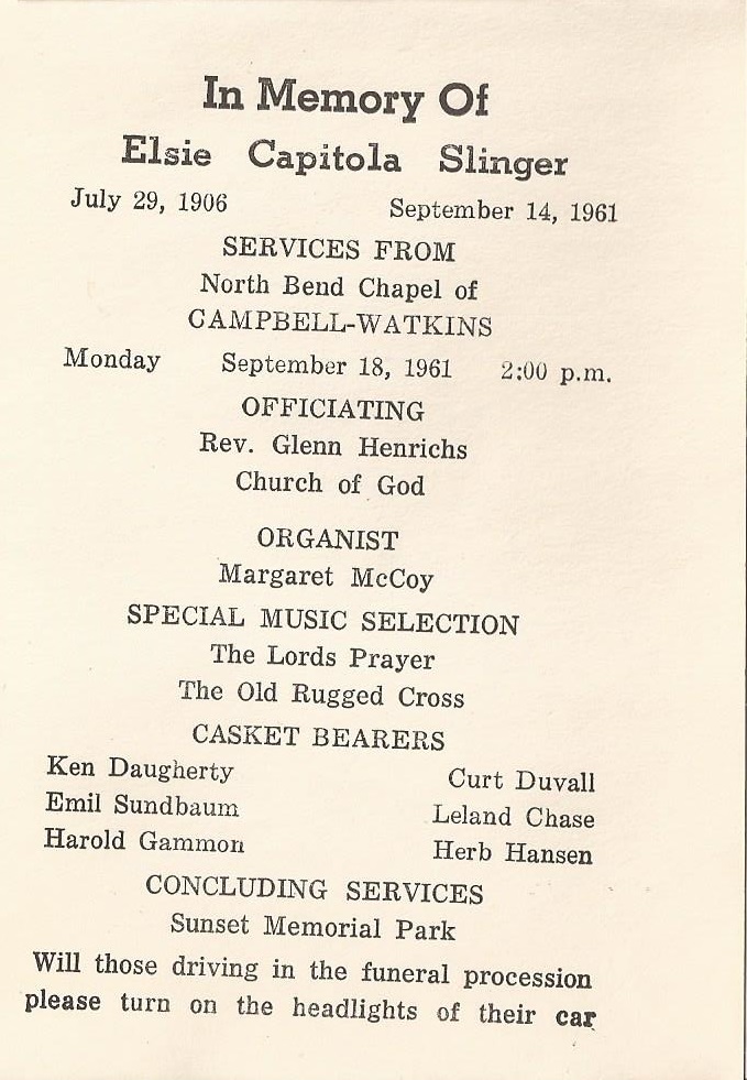 Elsie Capitola Slinger funeral card (1960 KB) 18 September 1961 kristinesligar originally shared this on 15 jul 2018 (Click on Picture to View Full Size) picture