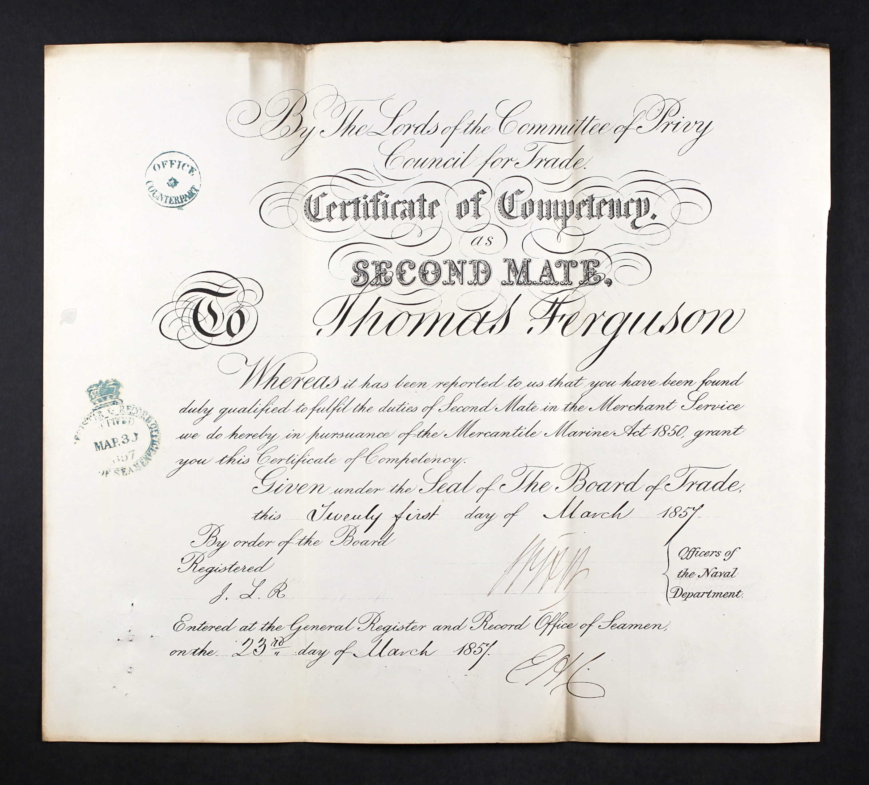 Certificate of Competency as Second Mate for Thomas Ferguson (21137 KB) 21 March 1857 (Click on Picture to View Full Size) picture