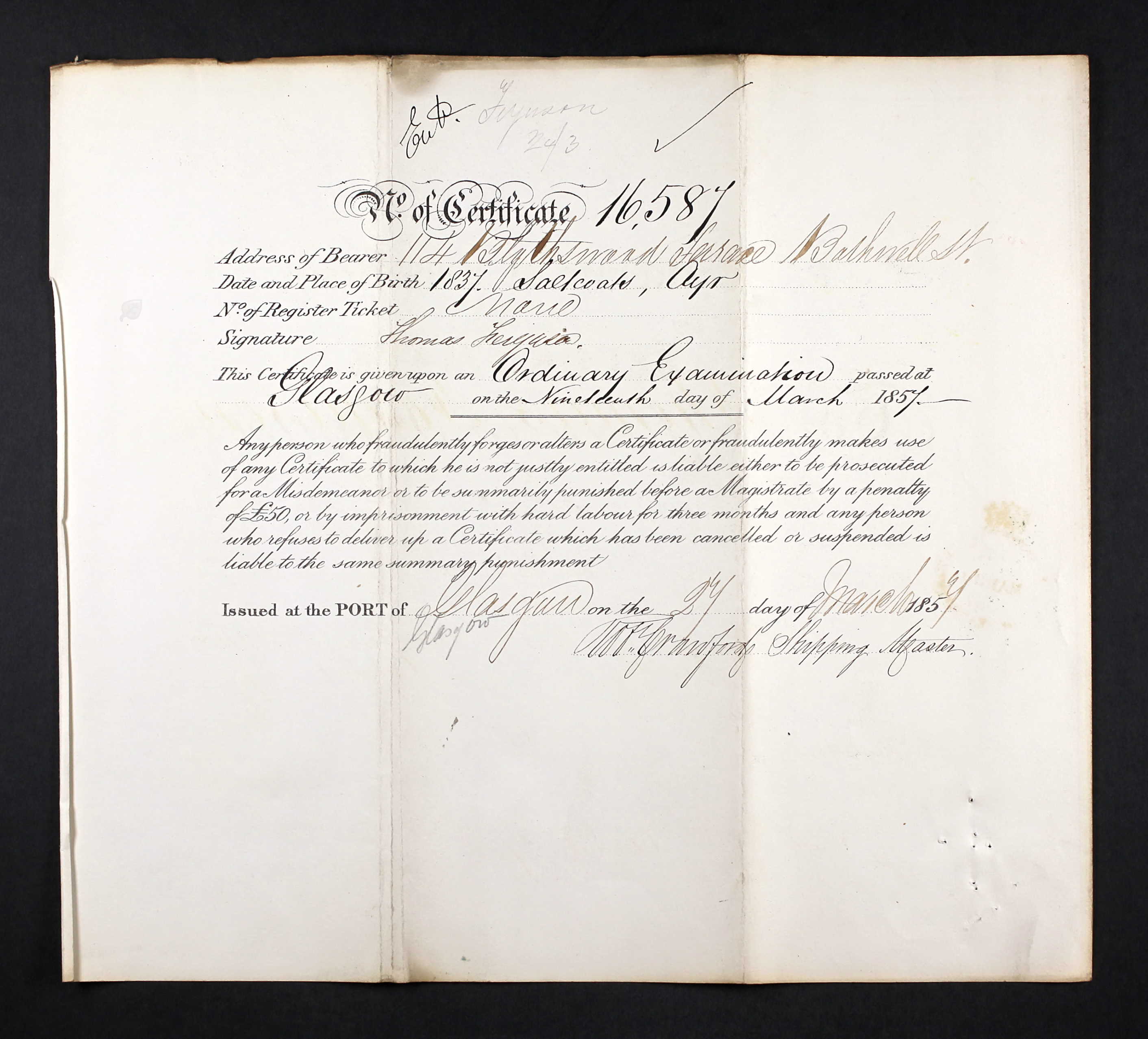 Flip side of Thomas' Second Mate Certificate (21138 KB) 21 March 1857 (Click on Picture to View Full Size) picture