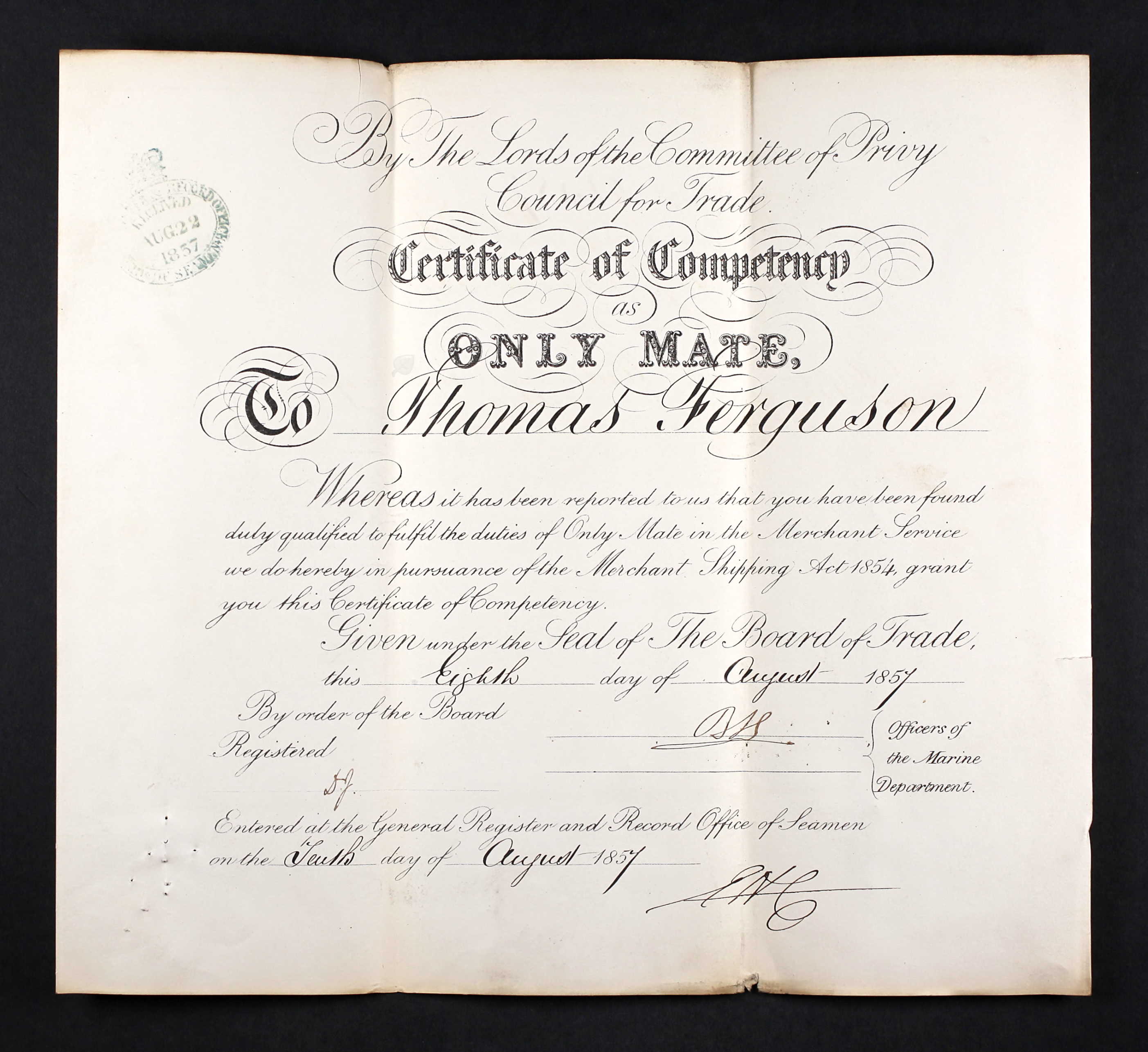 Certificate of Competency as Only Mate for Thomas Ferguson (21142 KB) 8 August 1857 (Click on Picture to View Full Size) picture