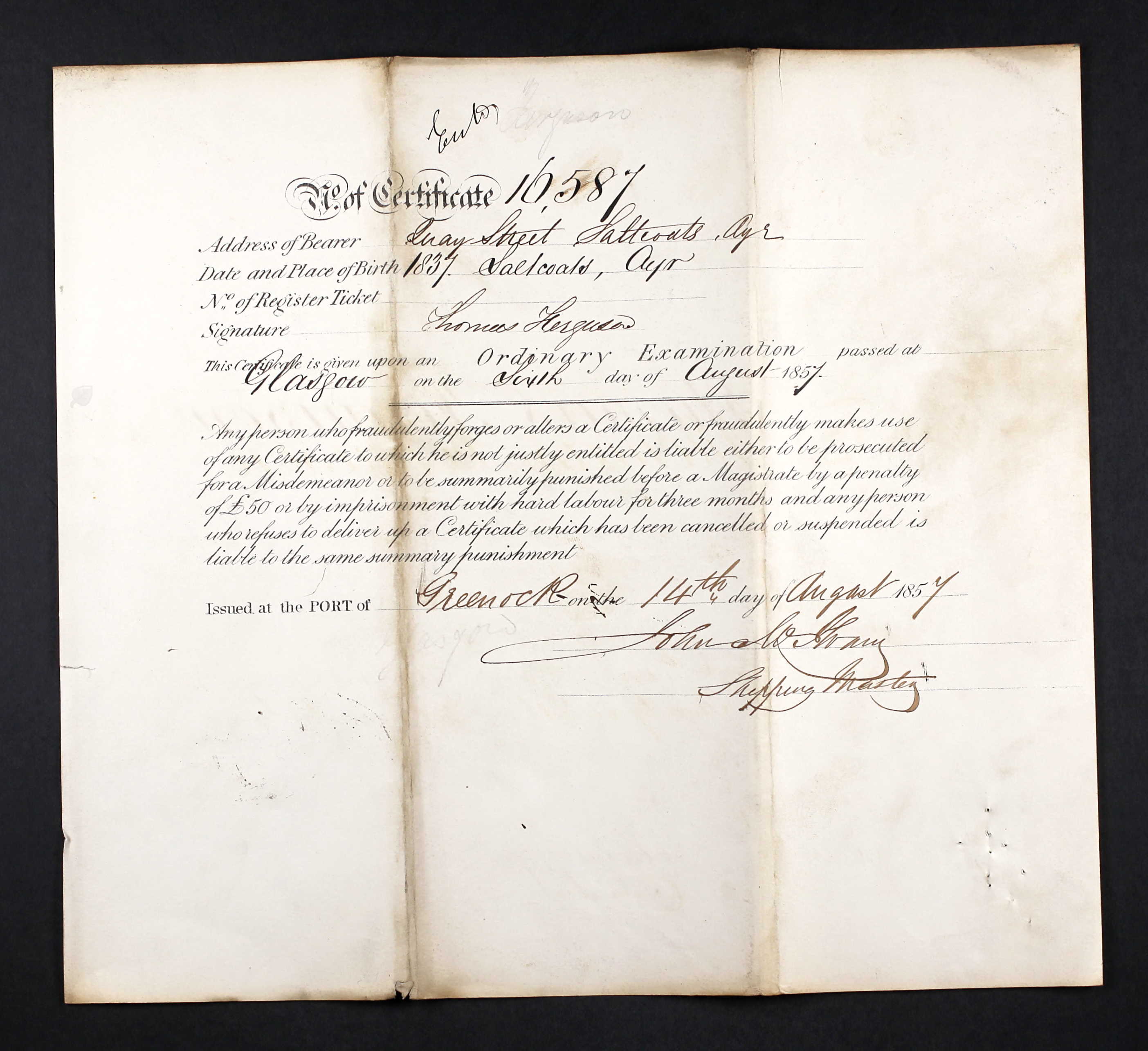 Flip side of Thomas' Only Mate Certificate (21149 KB) 14 August 1857 (Click on Picture to View Full Size) picture