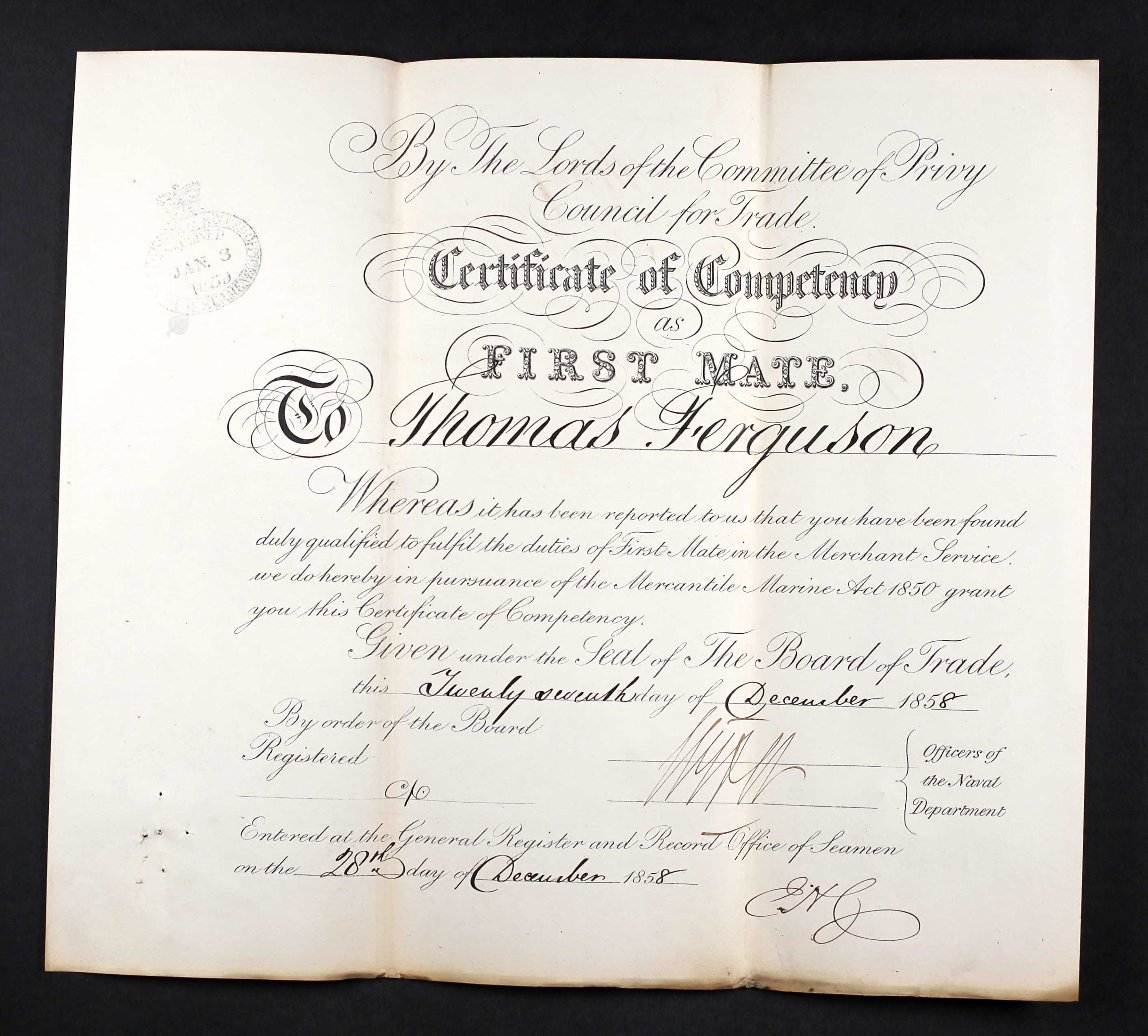 Certificate of Competency as First Mate for Thomas Ferguson (21143 KB) 31 December 1858 (Click on Picture to View Full Size) picture