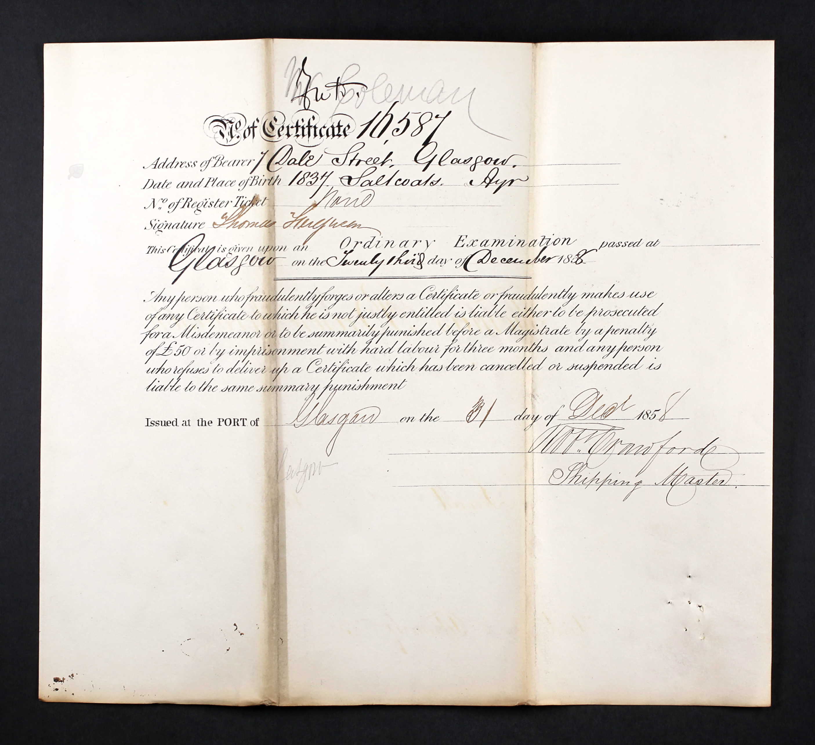 Flip side of Thomas' First Mate Certificate (21147 KB) 31 December 1858 (Click on Picture to View Full Size) picture