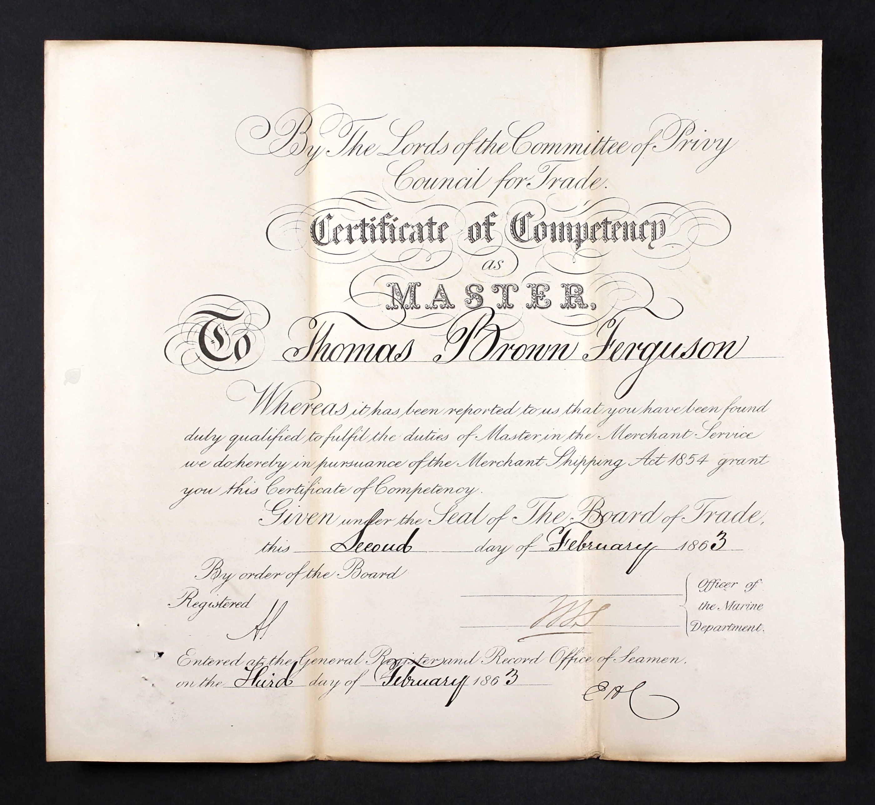 Certificate of Competency as Master for Thomas Brown Ferguson (21154 KB) 4 February 1863 (Click on Picture to View Full Size) picture