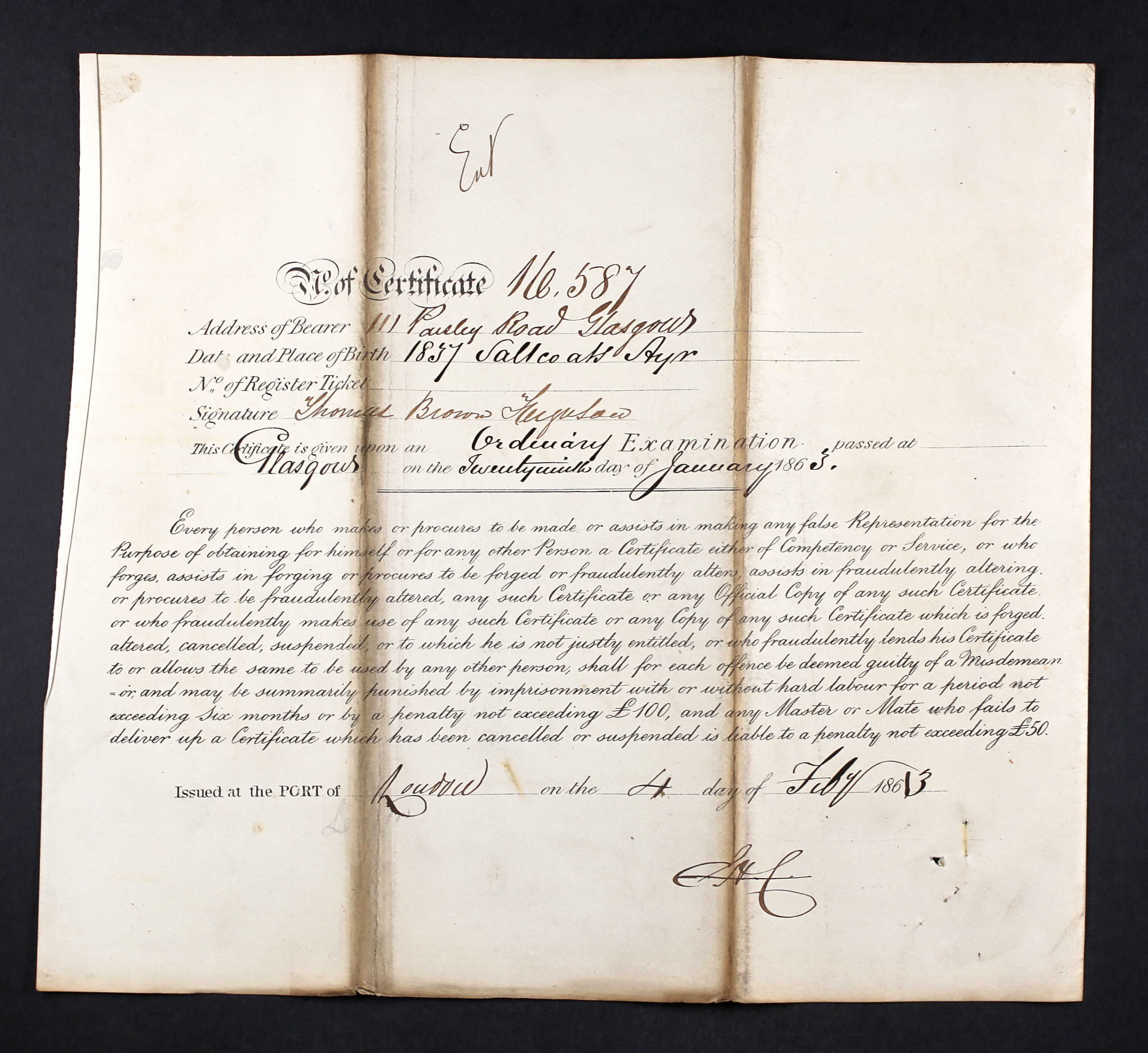 Flip side of Thomas' Master Certificate (21128 KB) 4 February 1863 (Click on Picture to View Full Size) picture