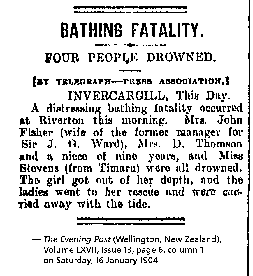 Bathing Fatality (2403 KB) 16 January 1904 from page 6, column 1 of The Evening Post (Wellington, New Zealand) (Click on Picture to View Full Size) picture