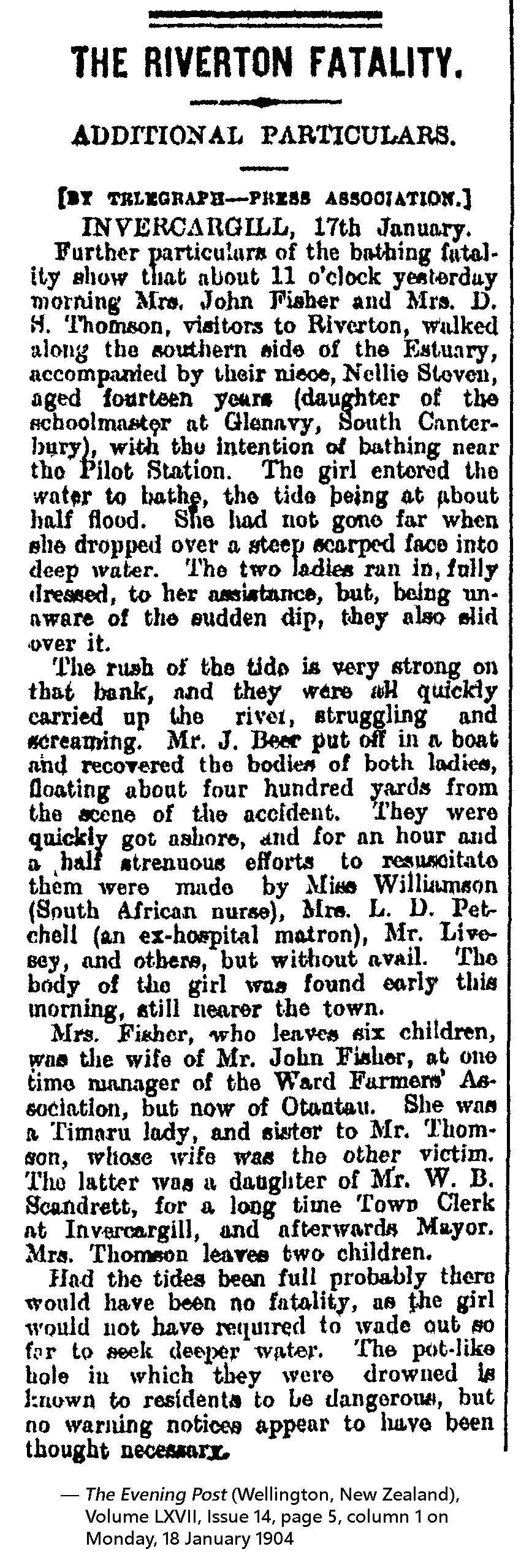 The Riverton Fatality. (6385 KB) 18 January 1904 from page 5, column 1 of The Evening Post (Wellington, New Zealand) (Click on Picture to View Full Size) picture
