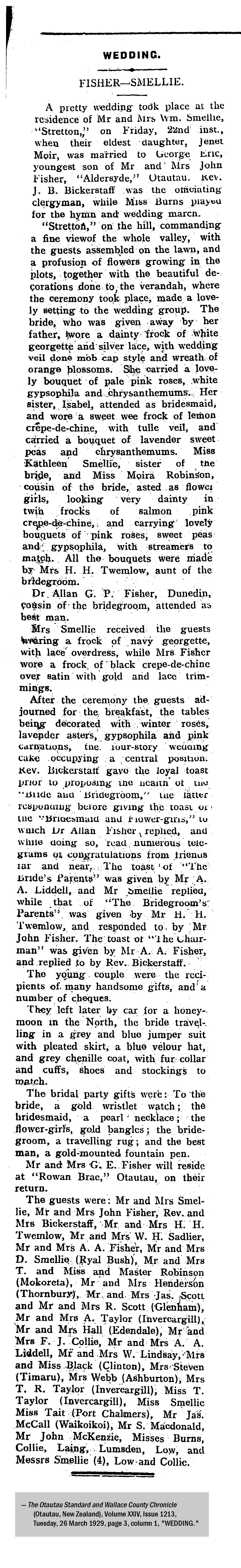 Fisher-Smellie wedding (23835 KB) 26 March 1929 from page 3 of The Otautau Standard and Wallace County Chronicle (Otautau, NZ) (Click on Picture to View Full Size) picture