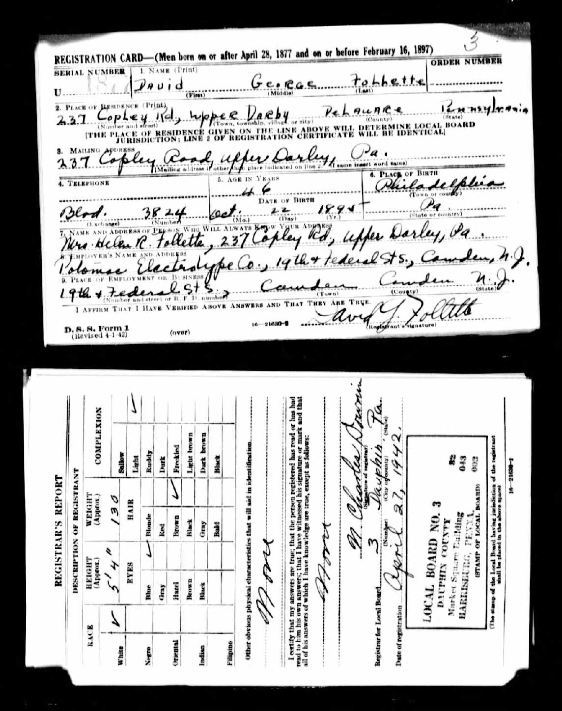 David George Follette WW2 draft card (1617 KB) 27 April 1942 (Click on Picture to View Full Size) picture