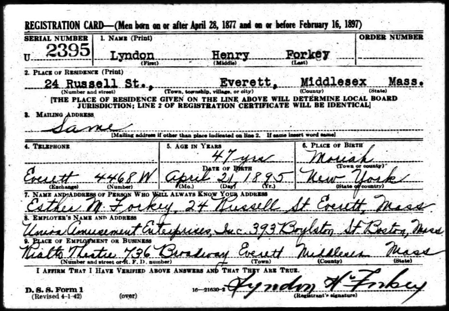 Lyndon Henry Forkey WW2 draft registration card (front) (4733 KB) 26 April 1942 Lyndon Henry Forkey, b. 21 April 1895 — WW2 draft registration card (front) (Click on Picture to View Full Size) picture