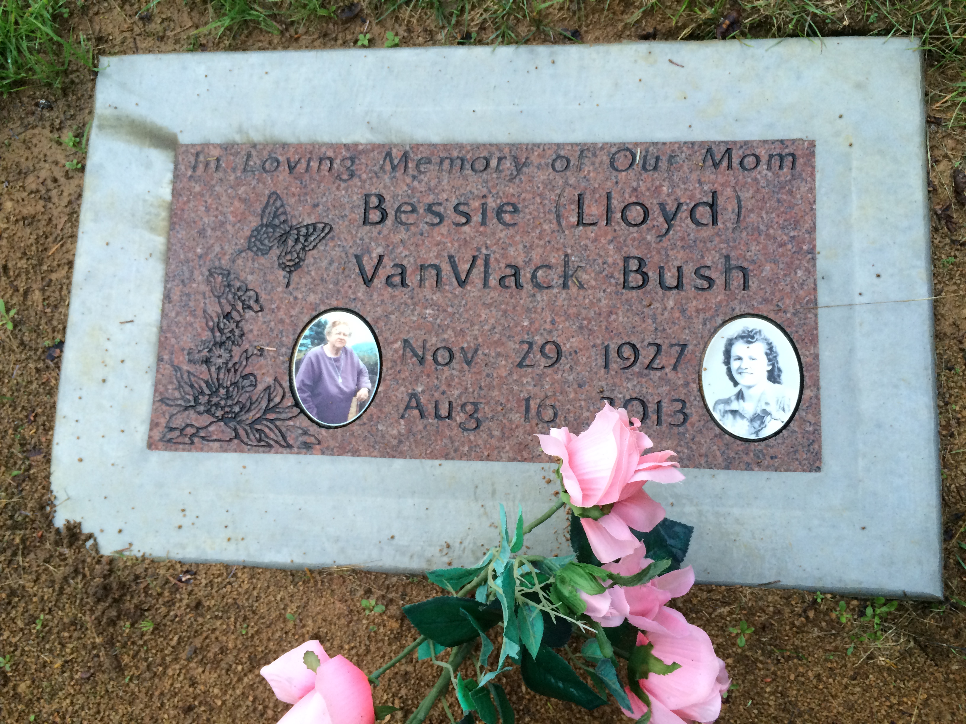 Bessie <i>Lloyd</i> VanVlack Bush gravestone in Norway Cemetery (23409 KB) Photo modified slightly from one posted on FindAGrave by Ernie Krewson on 12/06/2014. (Click on Picture to View Full Size) picture
