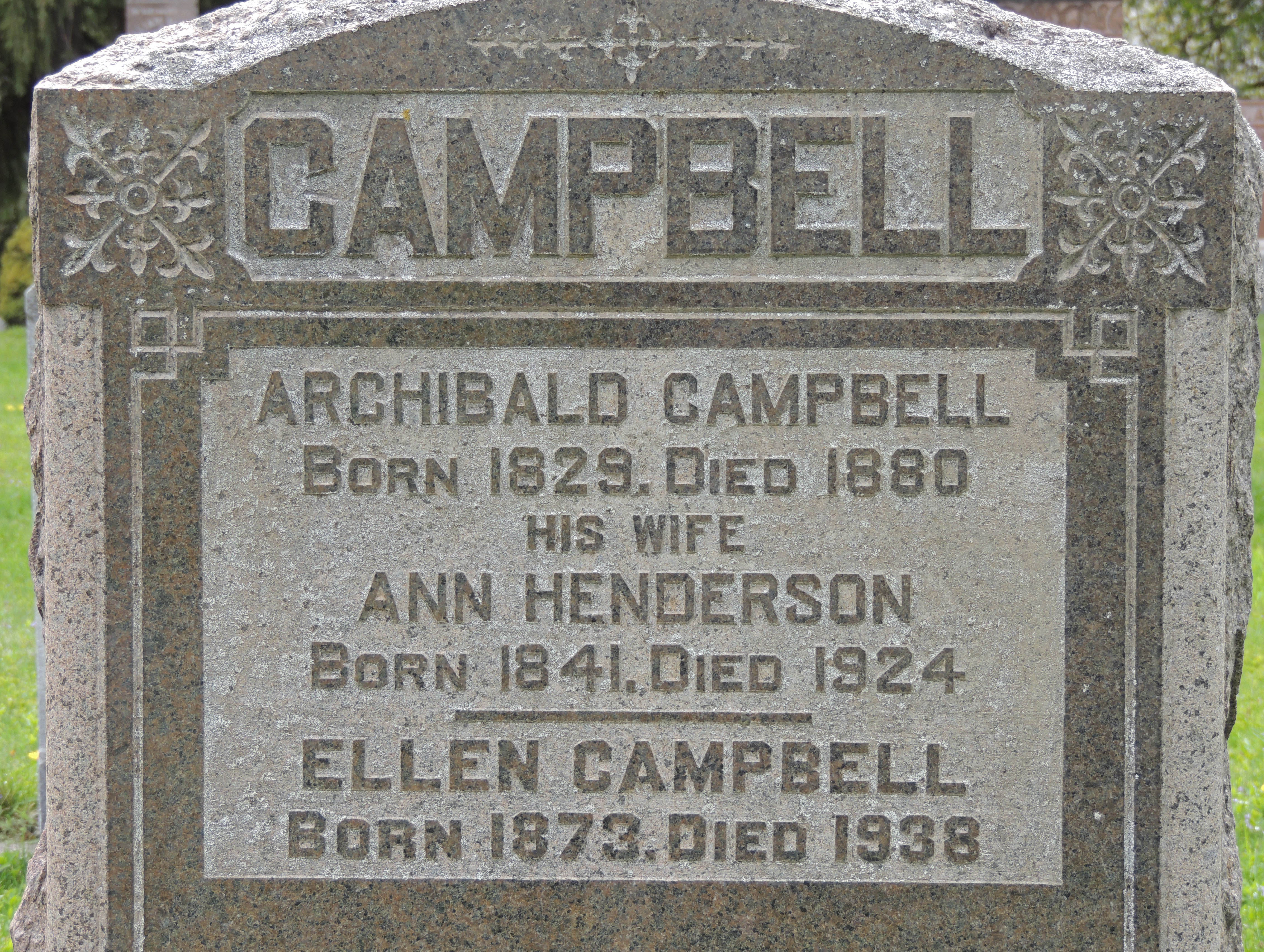 Detail view of the Archibald and Ann Campbell gravestone in Ivan Cemetery (45176 KB) May 2016 Photo from FindAGrave; Added by: Cheryl Clarridge, 5/12/2016 'Photo taken May 2016' (Click on Picture to View Full Size) picture