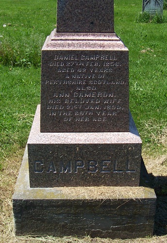Detail view of Daniel Campbell and Ann Cameron gravestone (503 KB) Photo from FindAGrave; Added by: Marilyn Smith Favaro, 6/08/2011 (Click on Picture to View Full Size) picture
