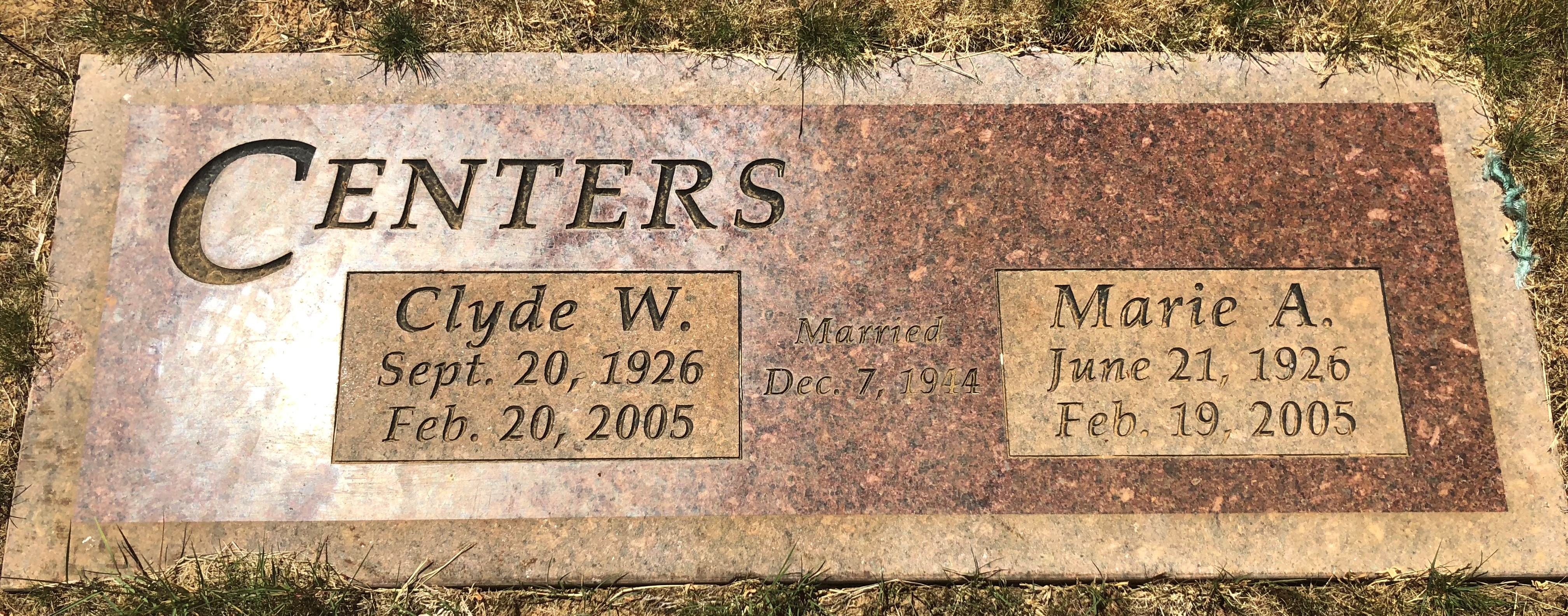 Clyde and Marie Centers gravestone in Sunset Memorial Park (18722 KB) Photo from FindAGrave; Added by June Ragan on 29 June 2018 (Click on Picture to View Full Size) picture