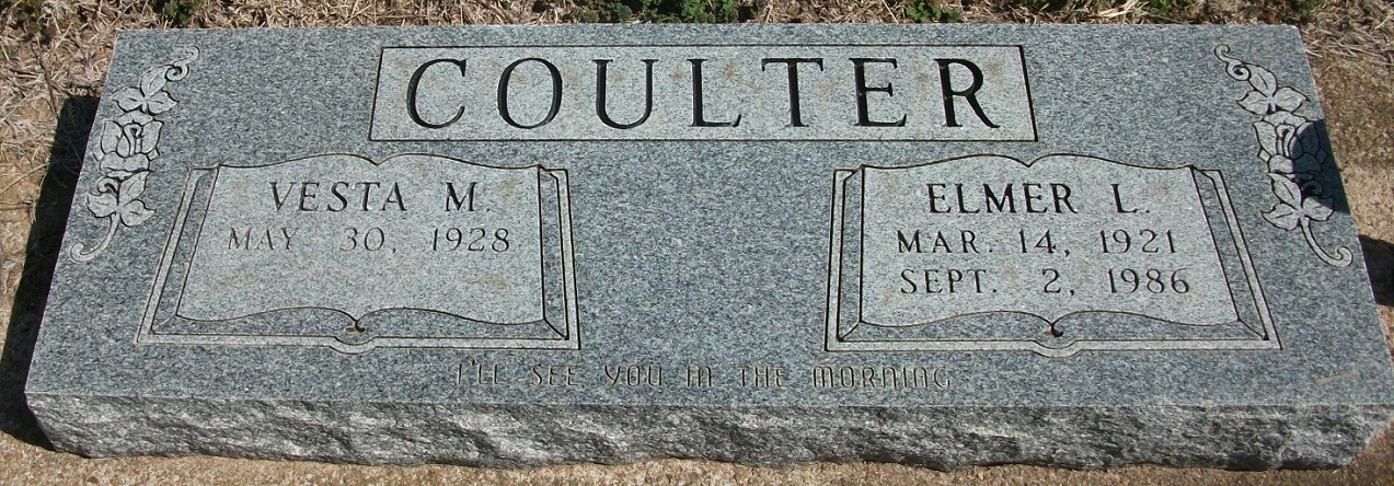 Elmer and Vesta Coulter gravestone in Bethany Cemetery (1657 KB) Photo from FindAGrave; Added by: Shirley Hause, 3/13/2012 (Click on Picture to View Full Size) picture
