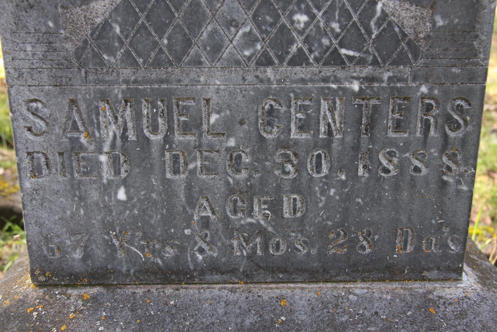 Detail on the Samuel Centers gravestone in Jacksonville Cemetery (2052 KB) Photo from FindAGrave; Added by: John McGlothlin, 3/05/2013 Note that the date of death carved on the gravestone (30 Dec 1888) conflicts with the date of death given in his probate records (29 Dec 1888). (Click on Picture to View Full Size) picture
