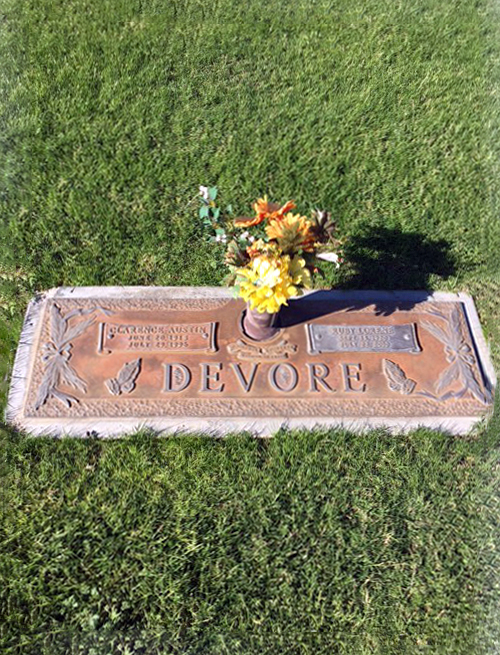 Clarence and Ruby Devore gravestone in Green Acres Memorial Park (959 KB) 25 November 2016 Photo courtesy of Jim Myers; used by permission. (Click on Picture to View Full Size) picture