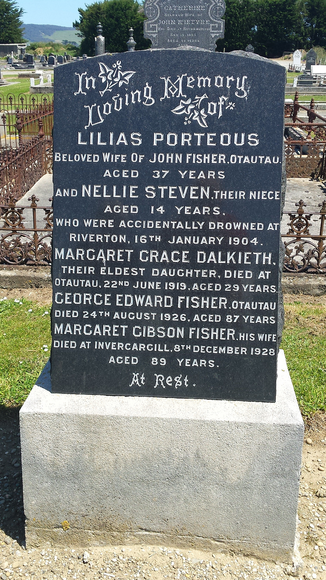 Fisher family gravestone in Riverton Cemetery (5693 KB) Photo courtesy of I. Crawford and E.K. Fisher; used by permission. (Click on Picture to View Full Size) picture