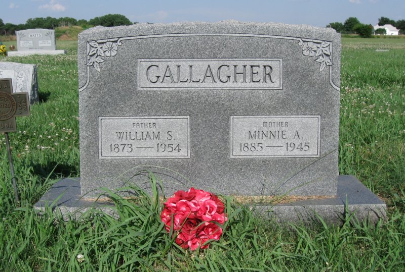 William and Minnie Gallagher gravestone in Bethany Cemetery (1263 KB) Photo from FindAGrave; Added by: Judy Mayfield, 6/25/2009 (Click on Picture to View Full Size) picture