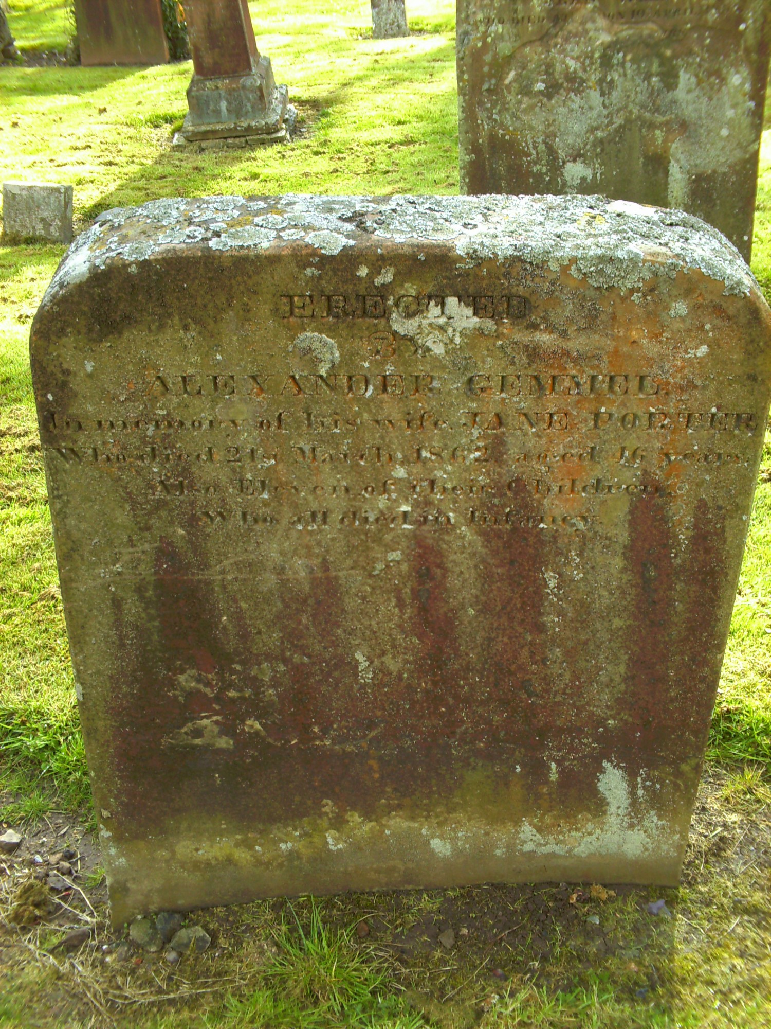 Gemmell gravestone in Dundonald Churchyard (Alexr Gemmell for wife Jane Porter and children) (8789 KB) Photo taken from Brian Murphy's MyHeritage website. 'PICT0342 — Dundonald Cemetery' Submitted by: brian murphy (http://www.myheritage.com/photo-8000534_56679681_56679681/pict0342) (Click on Picture to View Full Size) picture
