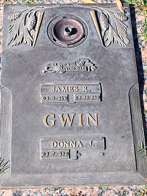 James R. Gwin gravestone in Green Acres Memorial Park (900 KB) 25 November 2016 Photo courtesy of Jim Myers; used by permission. (Click on Picture to View Full Size) picture