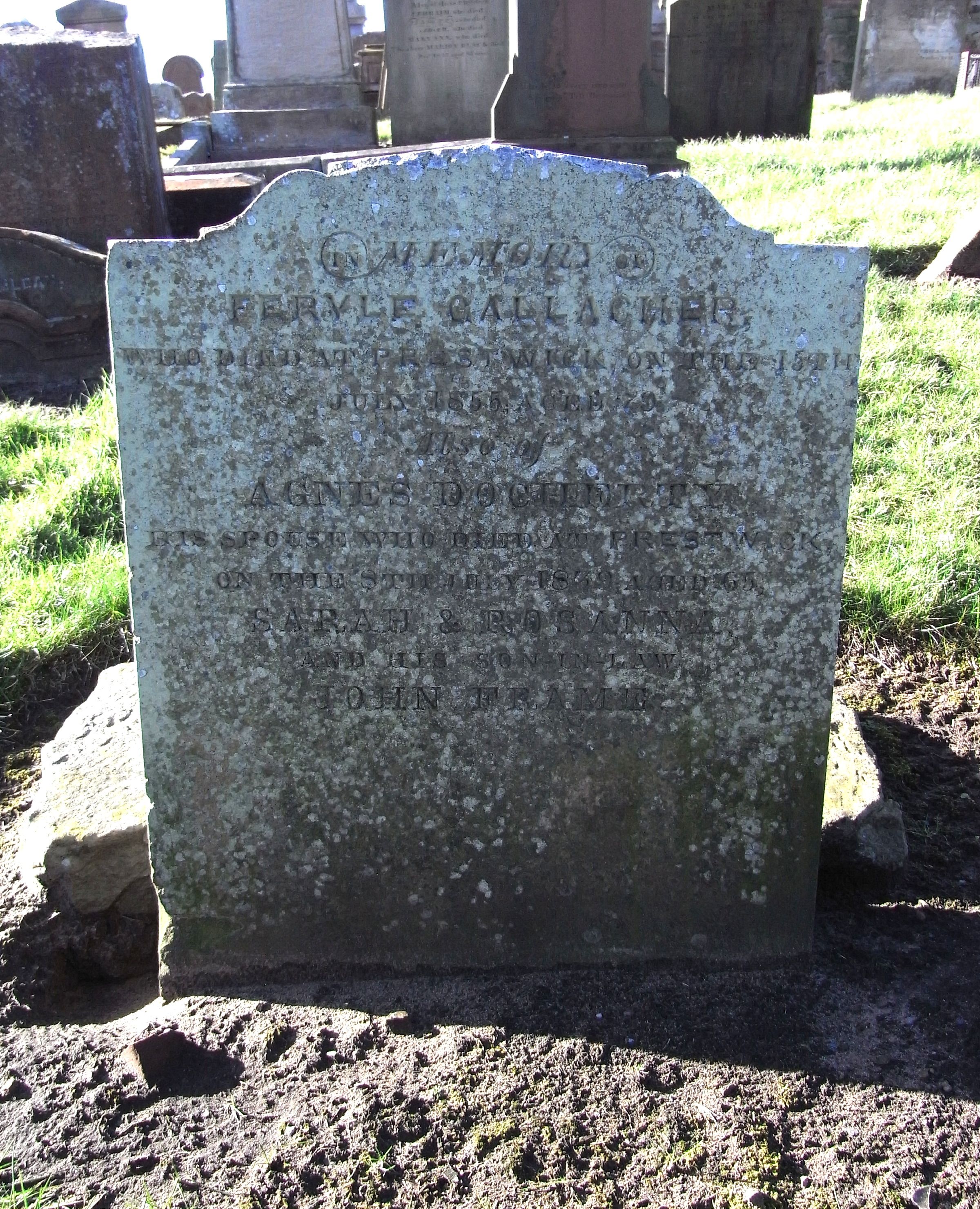 Feryle Gallacher gravestone in Prestwick Old Churchyard, Kirk Street (20826 KB) 2020 Photo from FindAGrave; Added by AJM (FindAGrave member #47666480) on 28 May 2020 (Click on Picture to View Full Size) picture