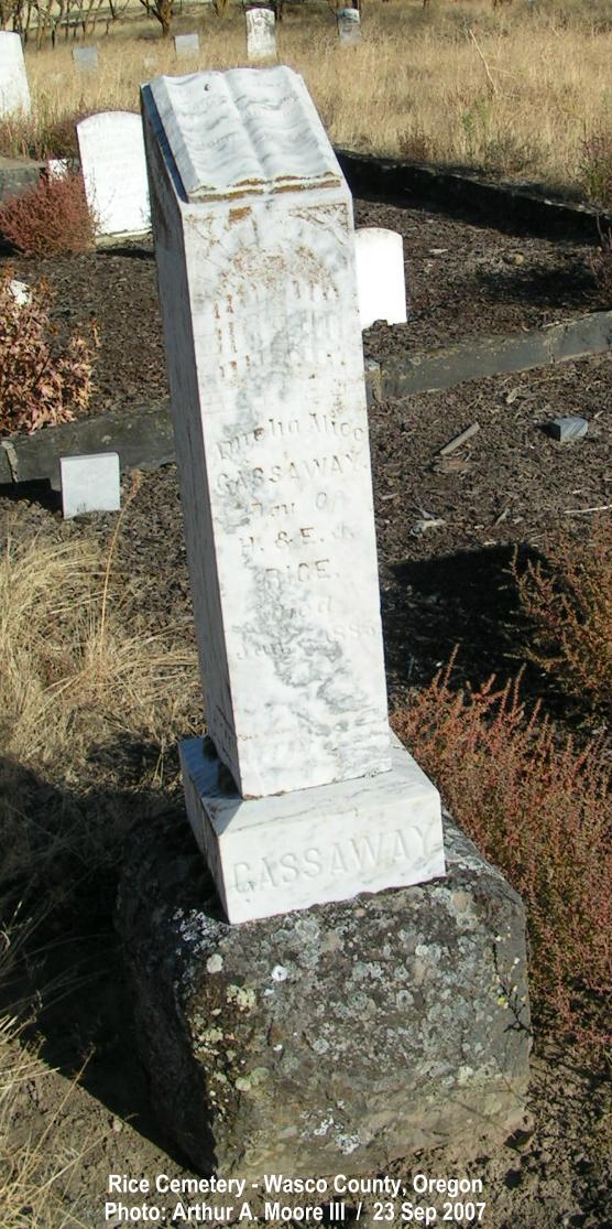 Amelia Alice Gassaway tombstone (1816 KB) 23 September 2007 Rice Cemetery, Wasco County, Oregon. Photo courtesy of Arthur Moore. (Click on Picture to View Full Size) picture